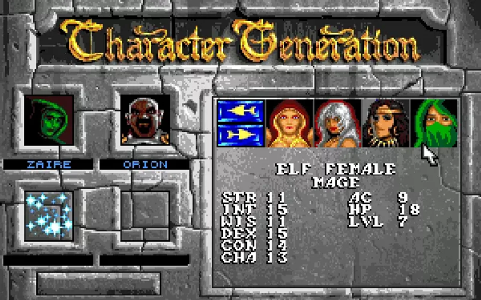 Character generation screen.