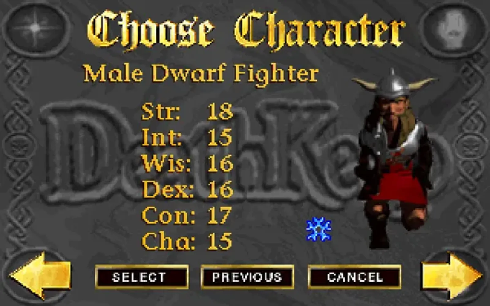 The first of the three characters you can choose from: the male dwarf fighter