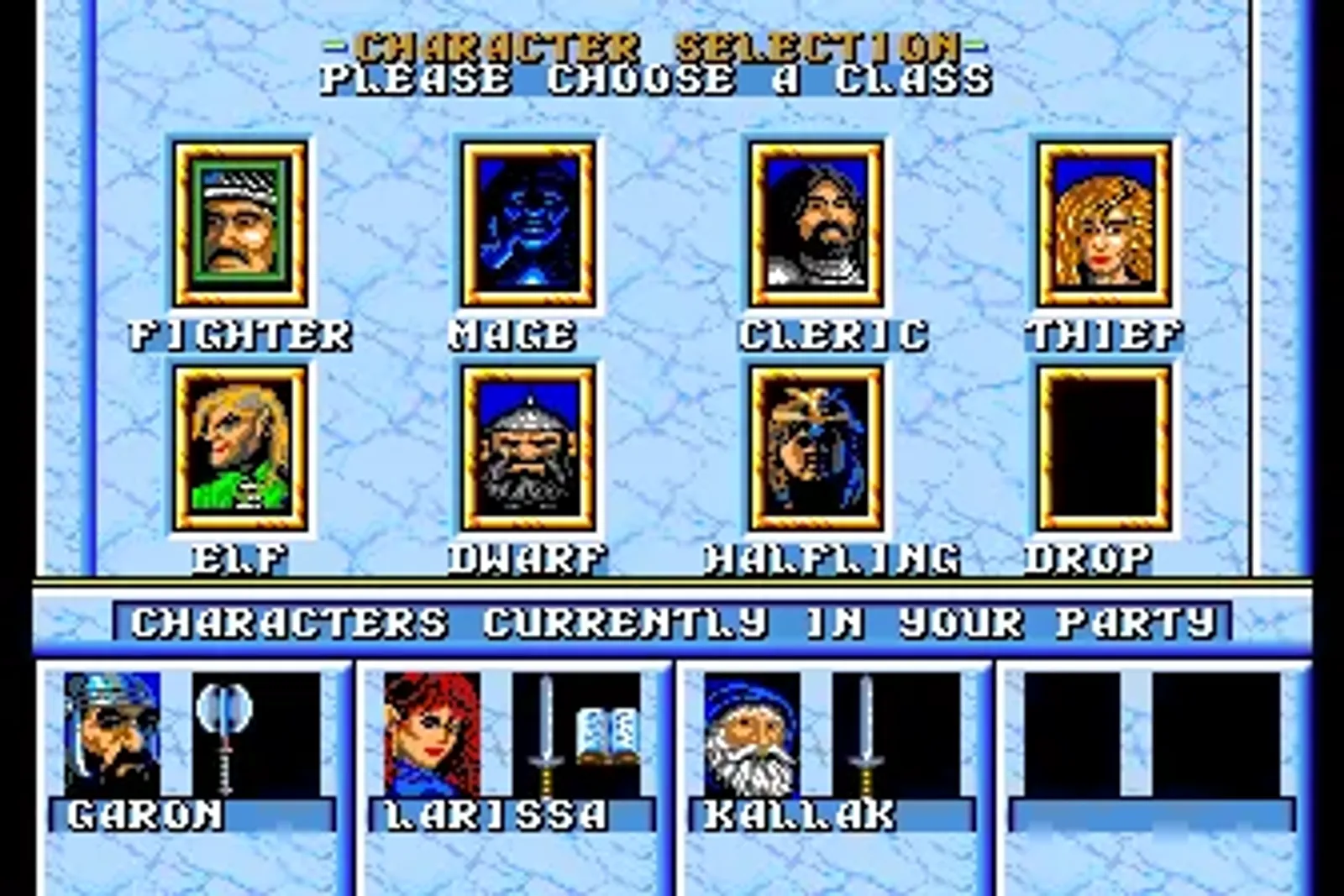 Setting up a party - you can choose from three different characters for every class