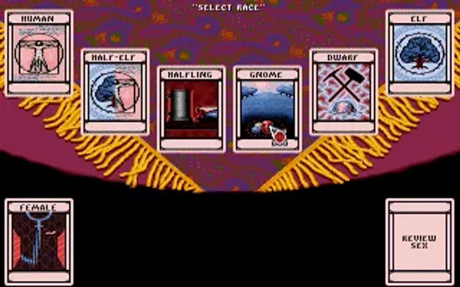 Character creation: each race is represented by a symbolic picture.