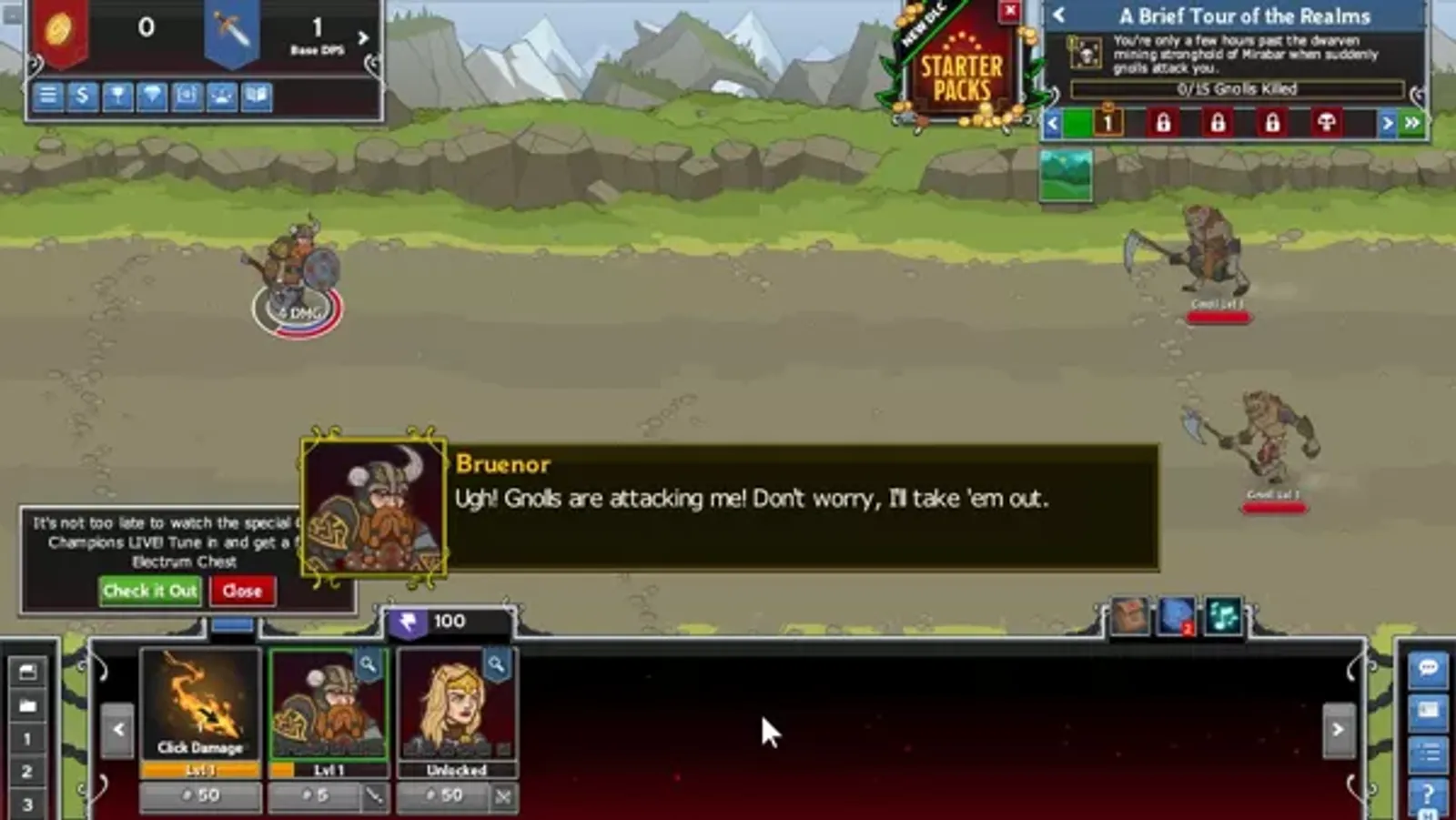 The start of a game. It is a side scrolling continuous battle . Everything killed earns gold. Gold can be used to upgrade the clicker points, upgrade characters or to buy new ones