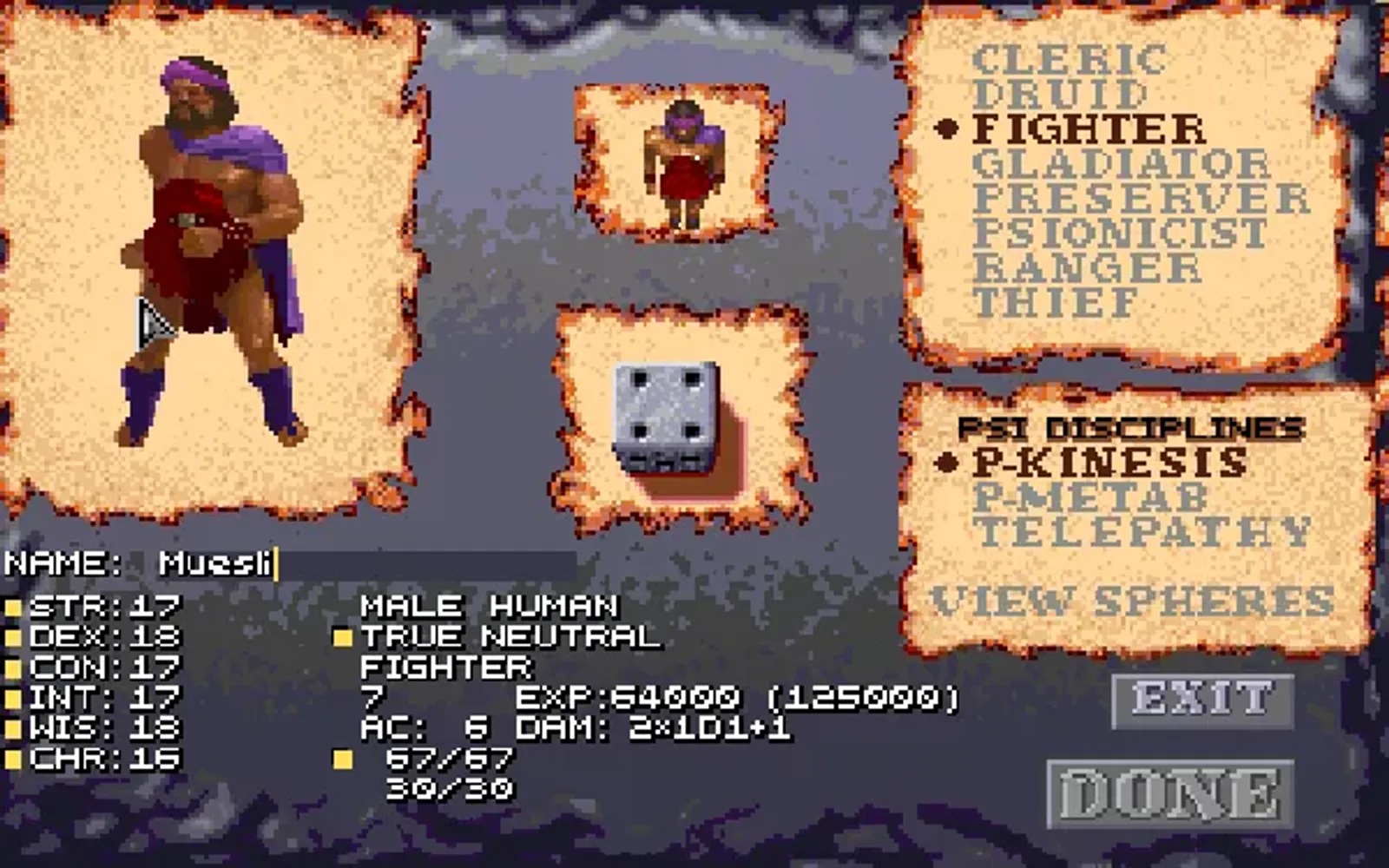 Character Generation Screen