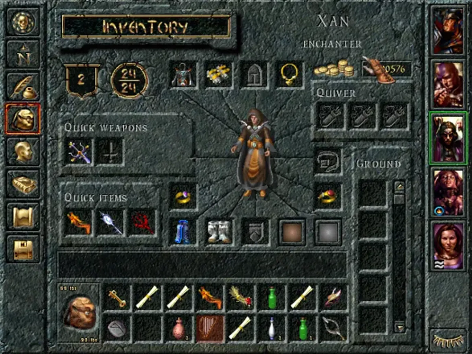 Inventory screen. Team members along the right, options/spell books/maps accessible on the left