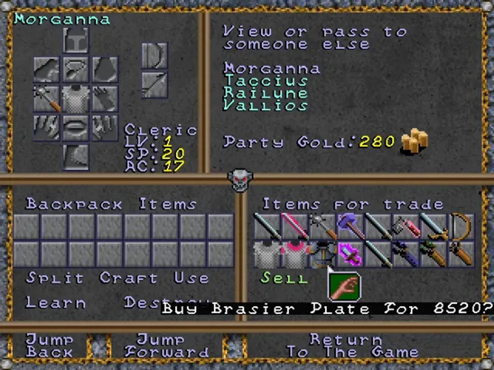 You can buy or sell equipment, but merchants have only a modest selection of items.