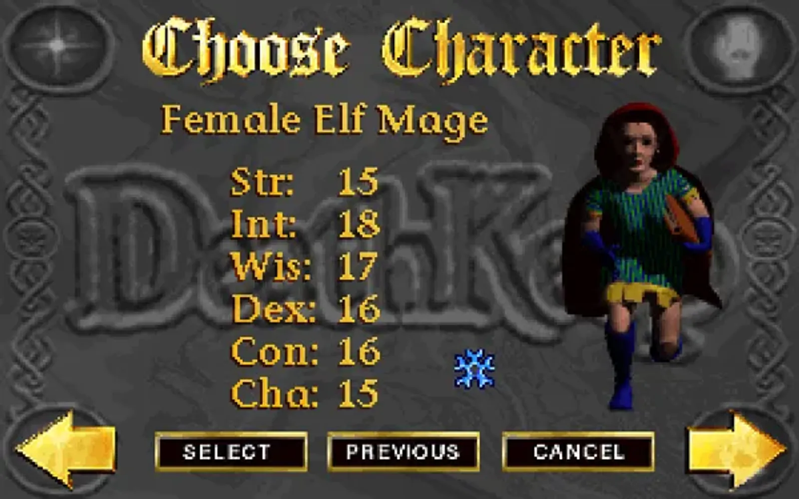 The second of the three characters you can choose from: the female elf mage