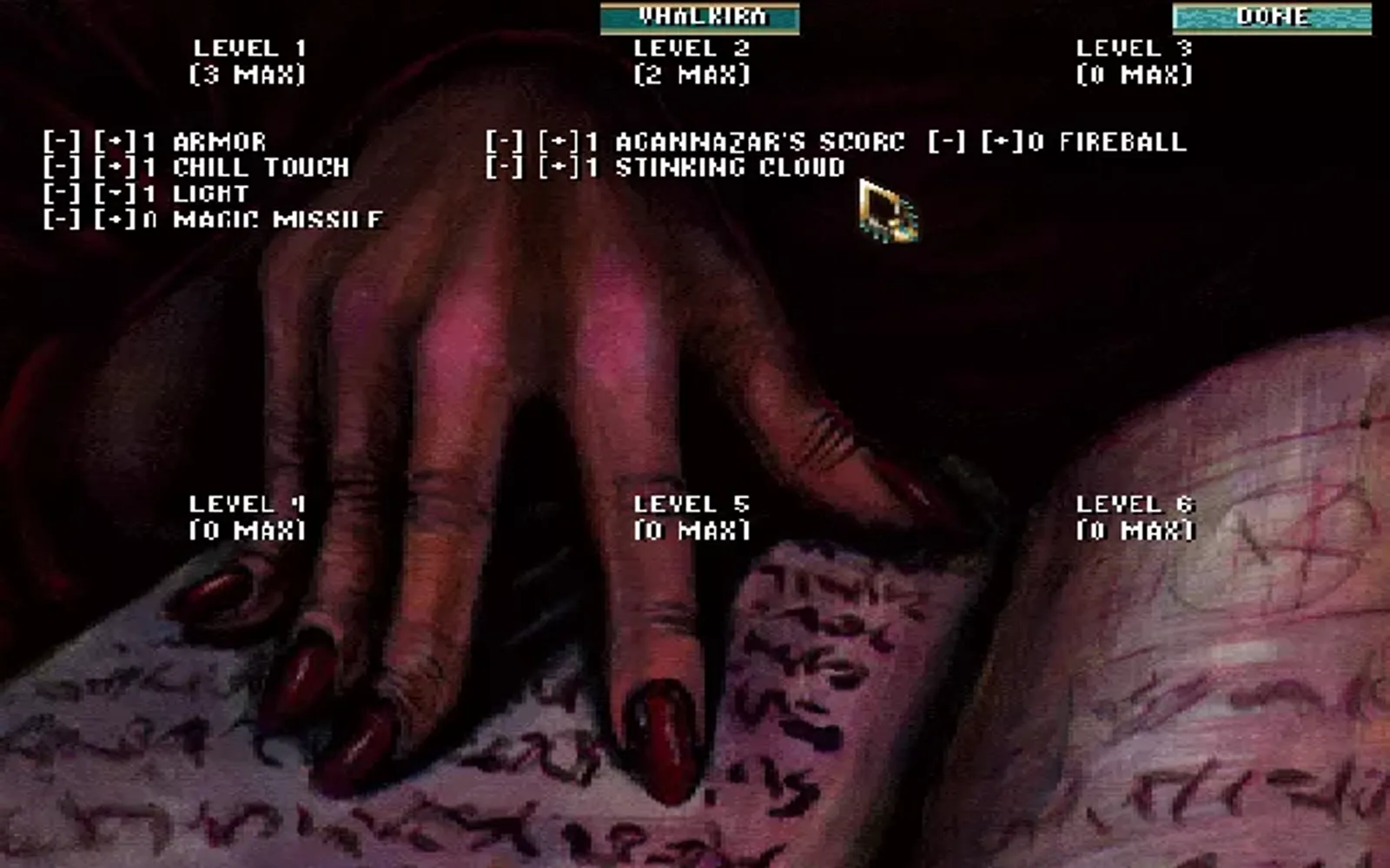 Memorizing mage spells in the camp menu. Dig the nail polish
