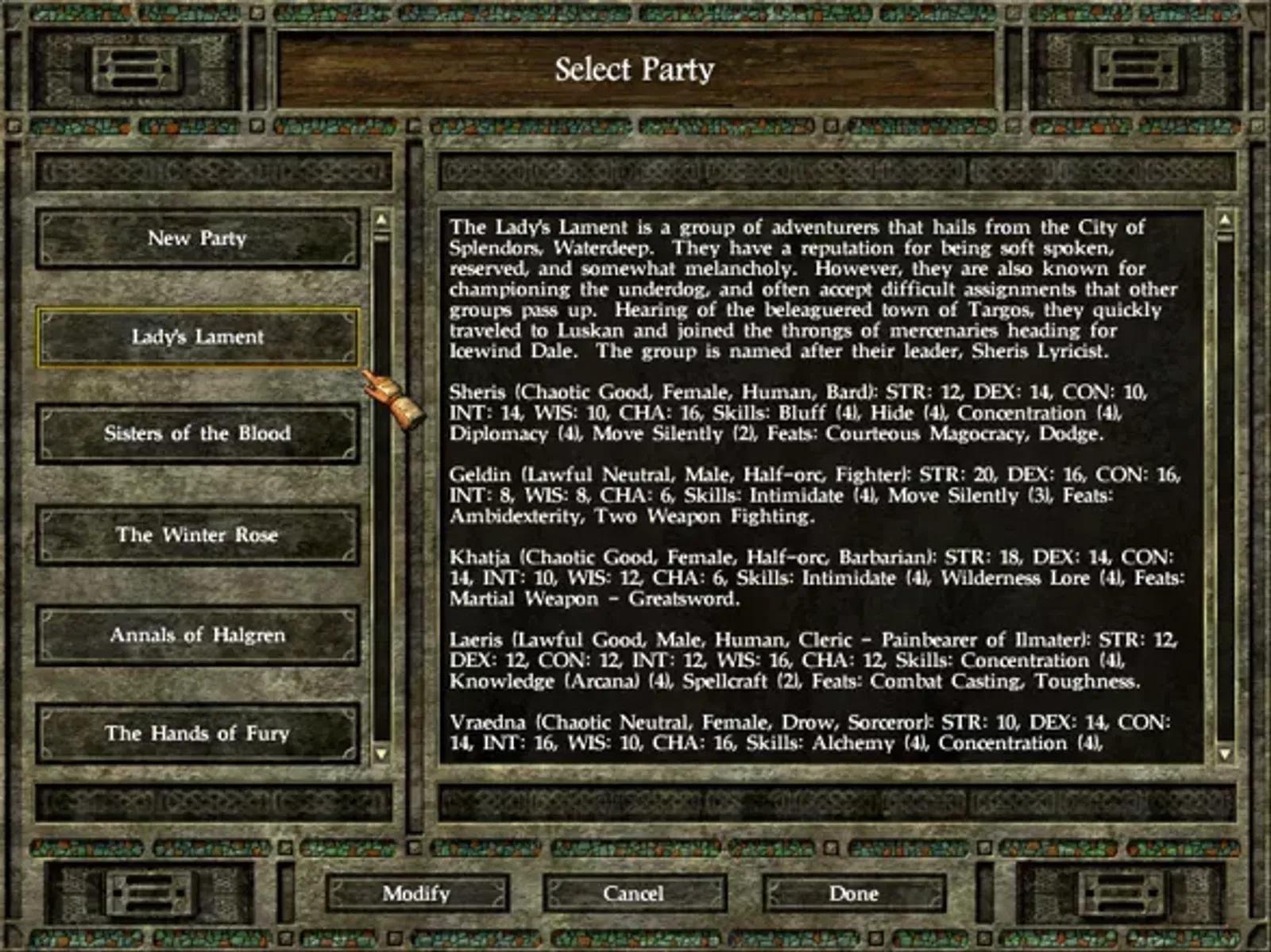 You can choose to create a new party or use one of the pre-made ones