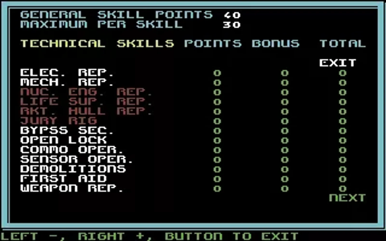 Distributing skill points - shown here are only the technical skills, there are many more