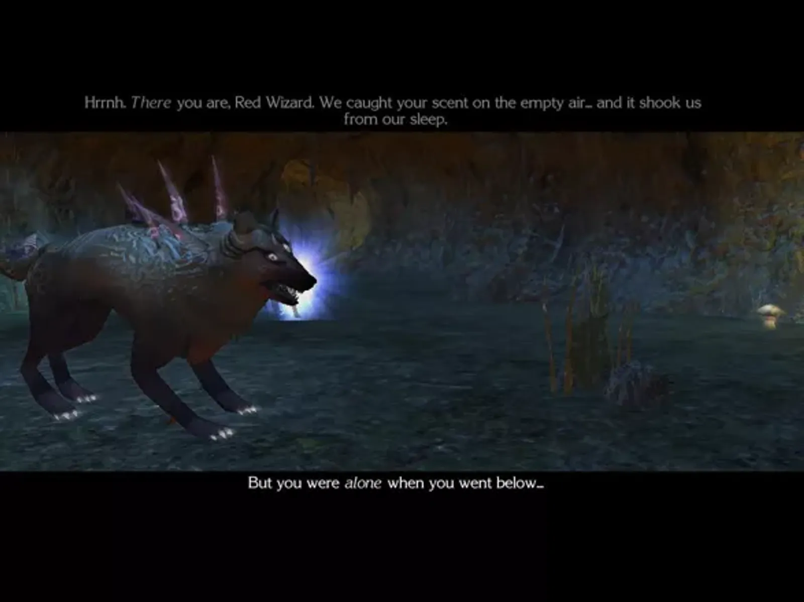 Soon, you meet this scary spirit wolf. It doesn't look very friendly...