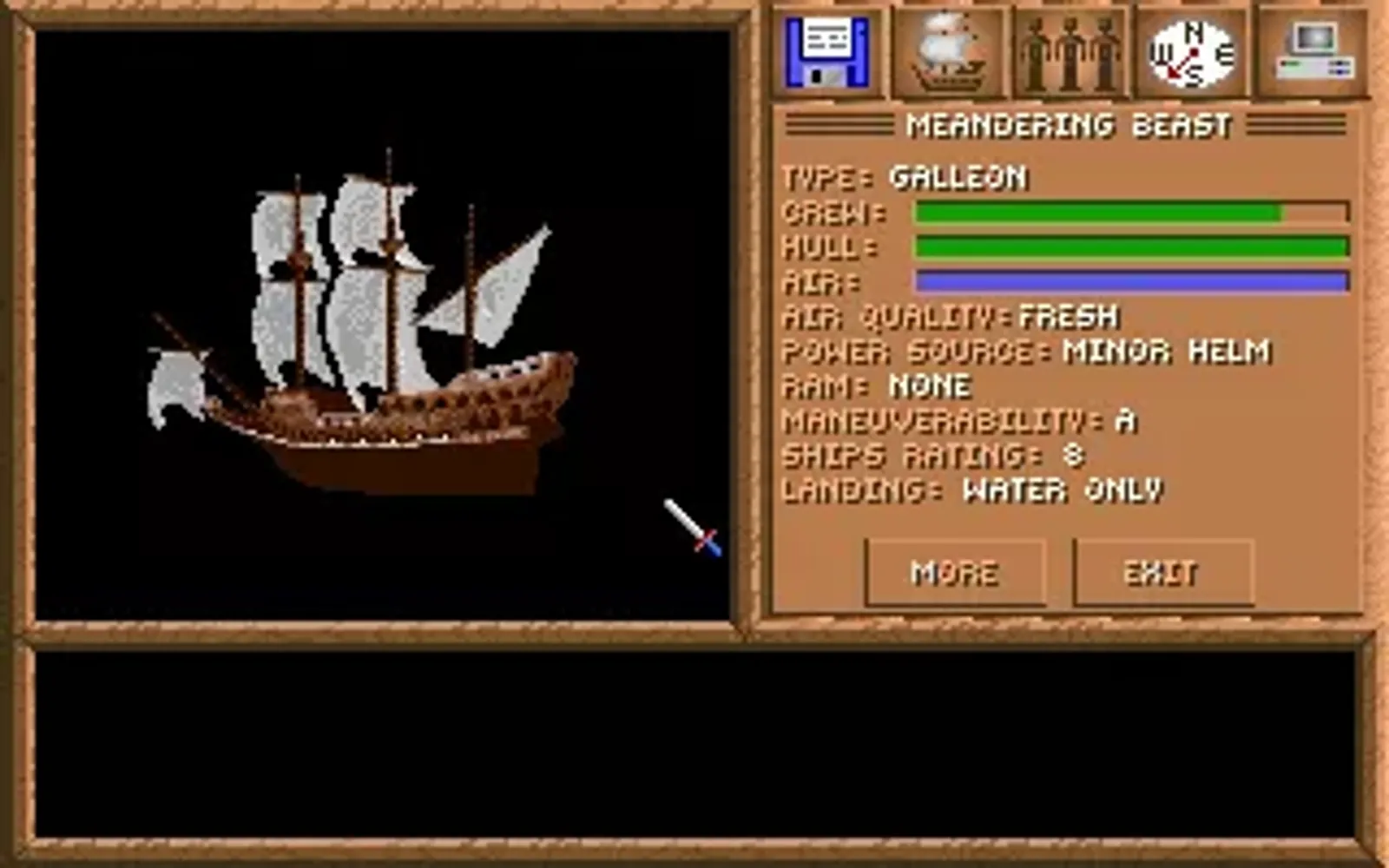 Ship Info - this screen provides information about your current vessel. Later in the game, you may acquire many other different ships.