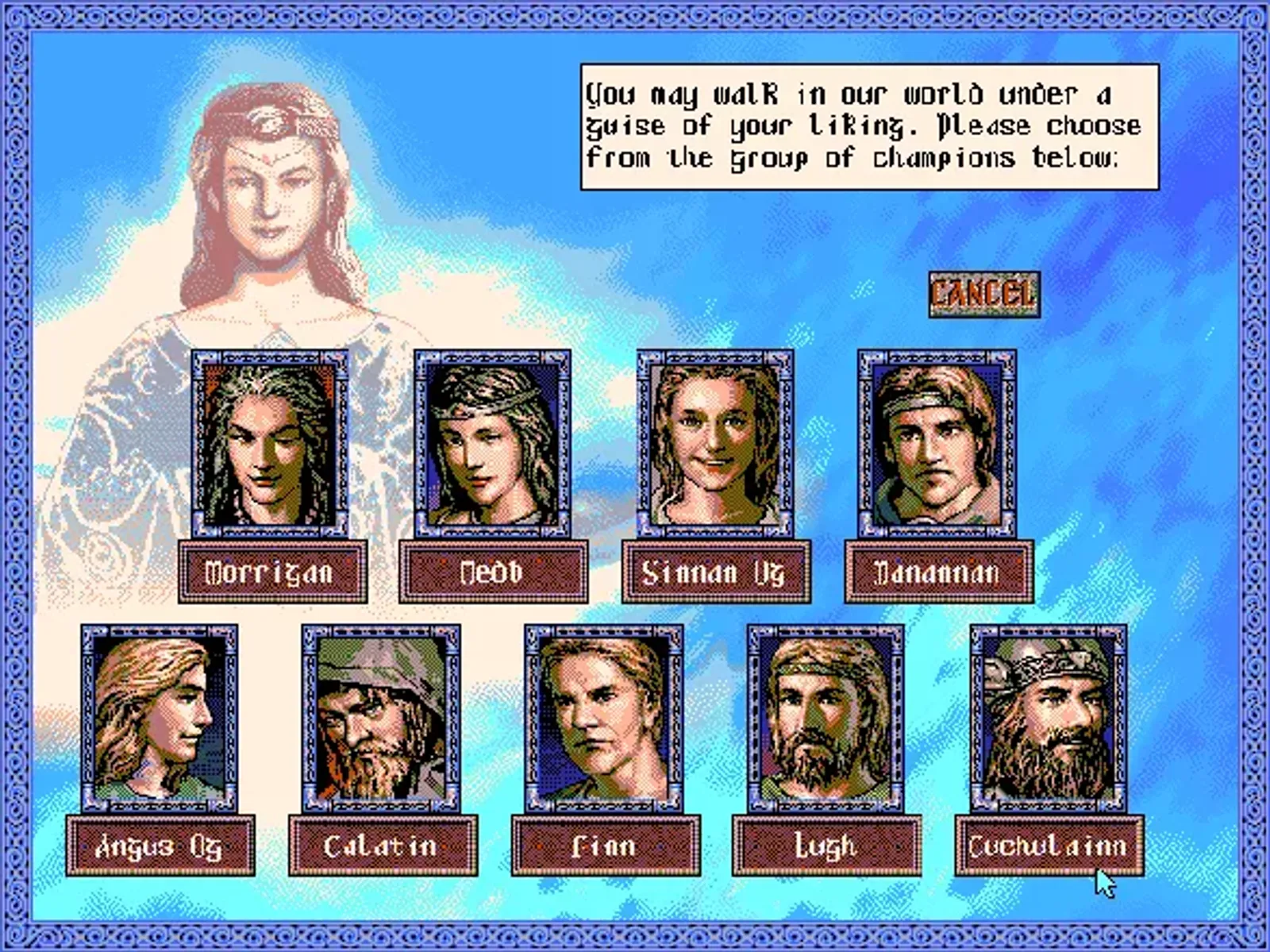 Name your Irishman. The leader selection screen. Historians of early Irish lore will find some recognizable names here.