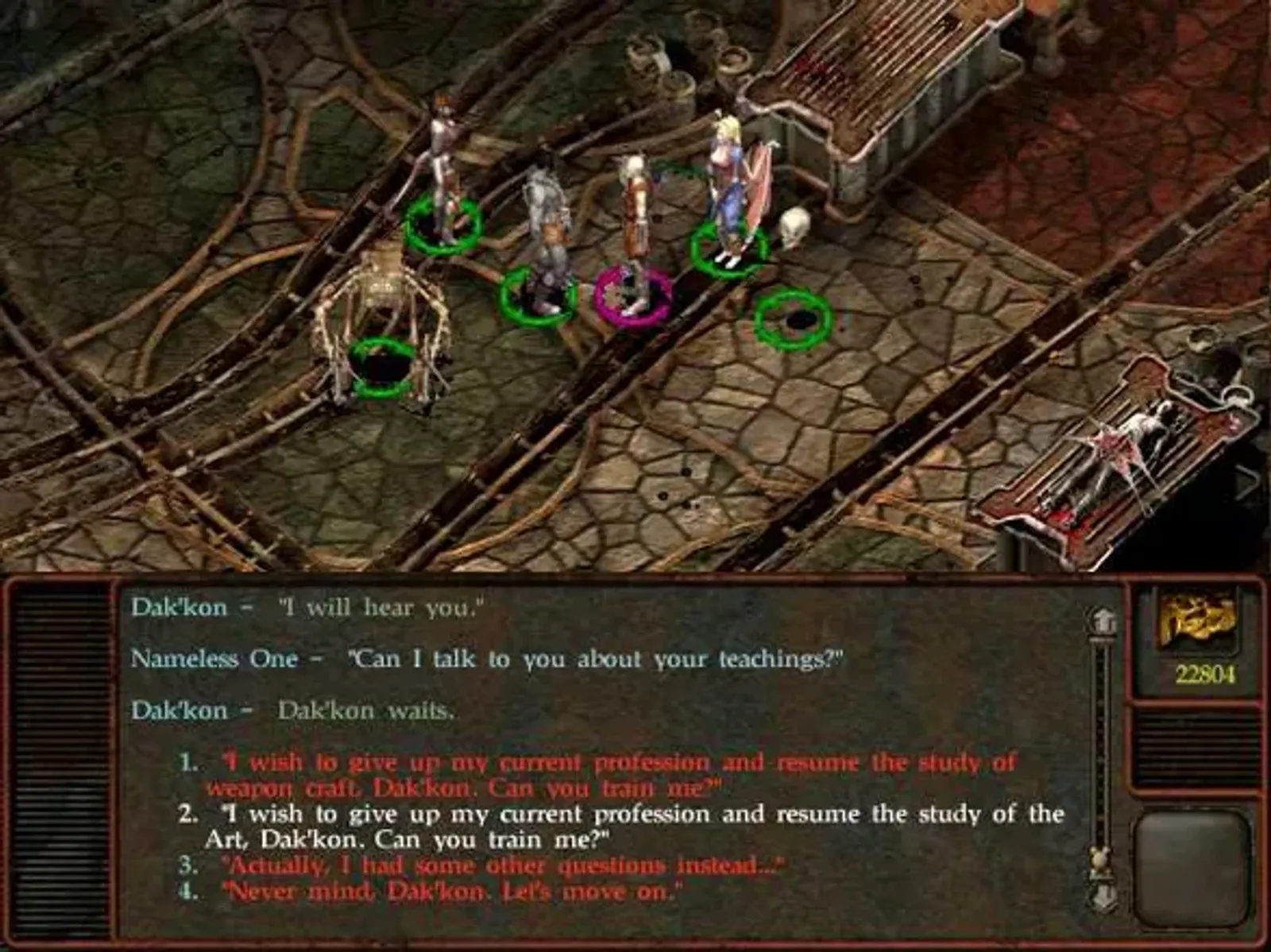 This is the Mortuary - the place where you start the game. You'll visit it again. Here, you talk to Dak'kon, who allows you to switch professions