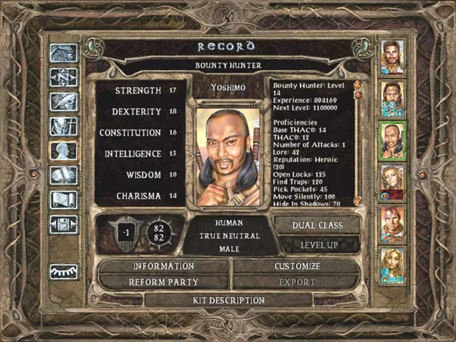 The character screen. Yoshimo is one of your new companions.