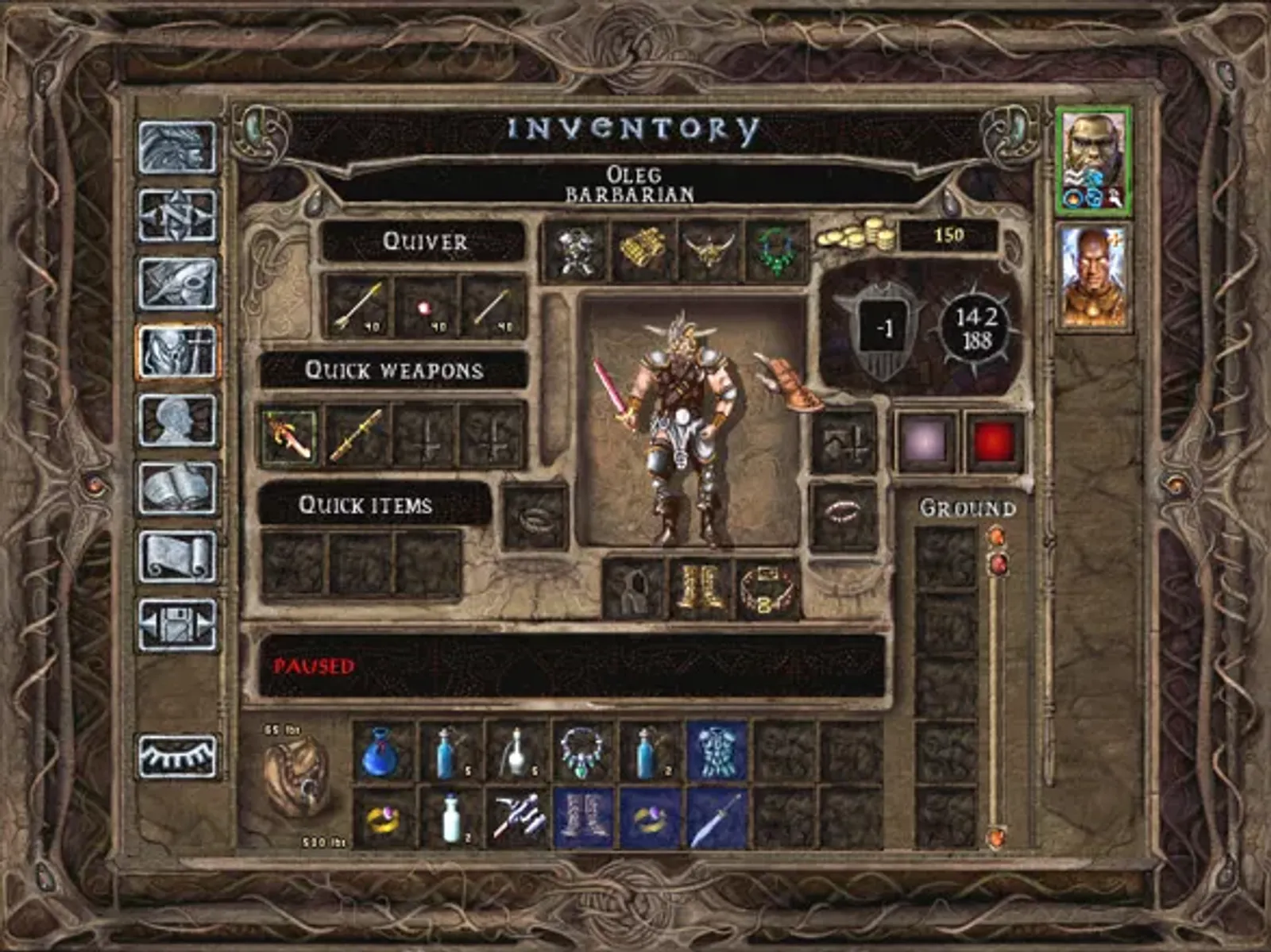 Inventory screen. Note that this time around you start well-equipped. No more stupid plain quarterstaves!