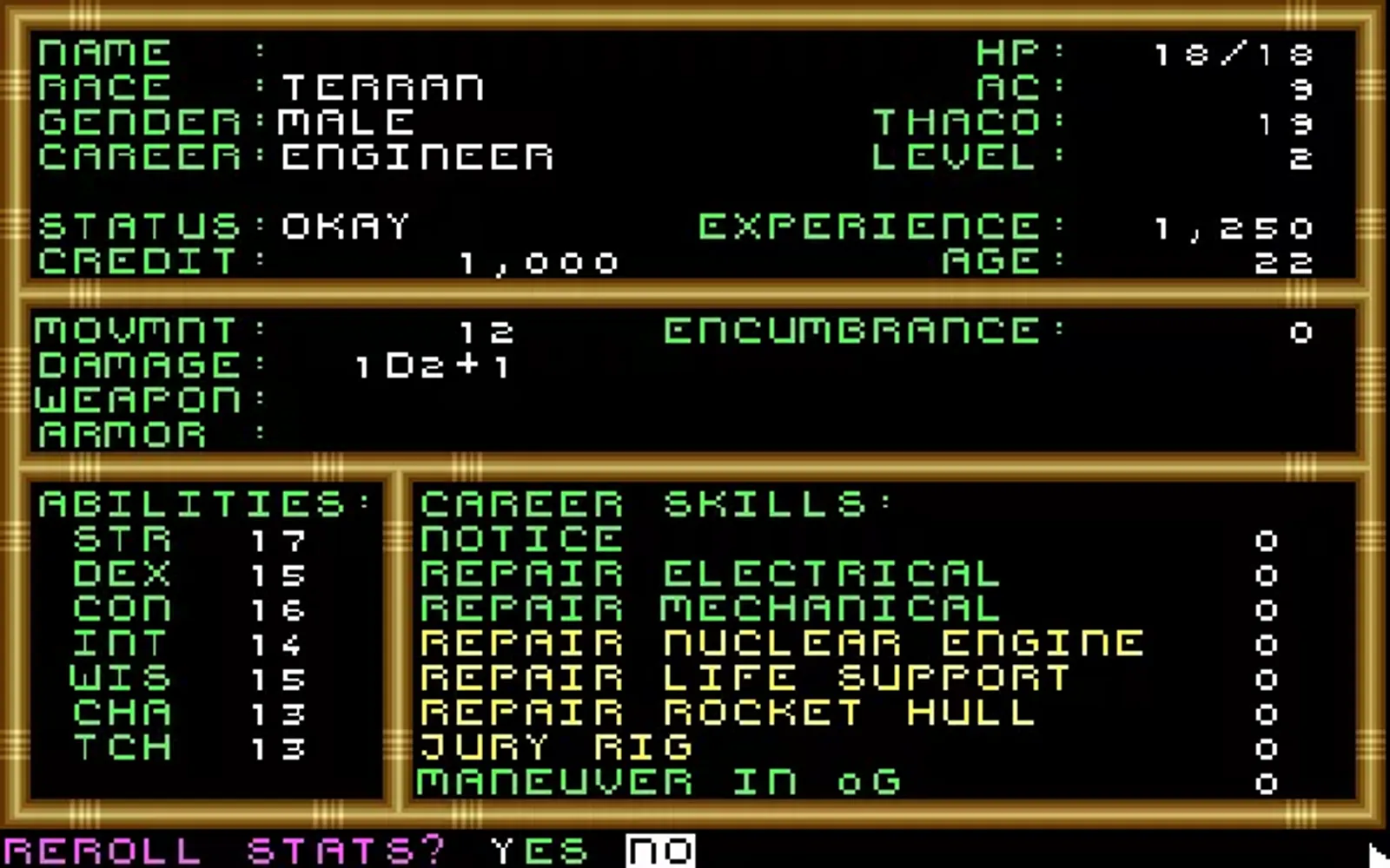 Character creation: Standard AD&D protocol - Select race, class, reroll stats, distribute skill points, etc.
